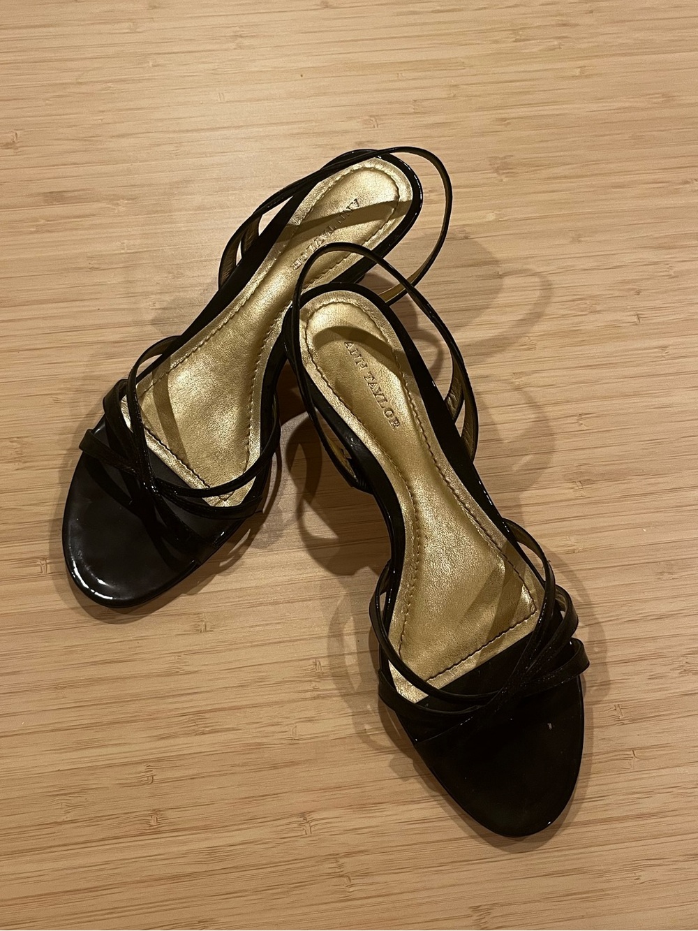 Ann Taylor Black Strappy Heeled Sandals with Gold Insole